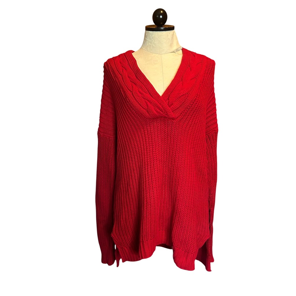 Lauren Ralph Lauren Madison Red Cable V-Neck Knit Sweater NWT Sz M